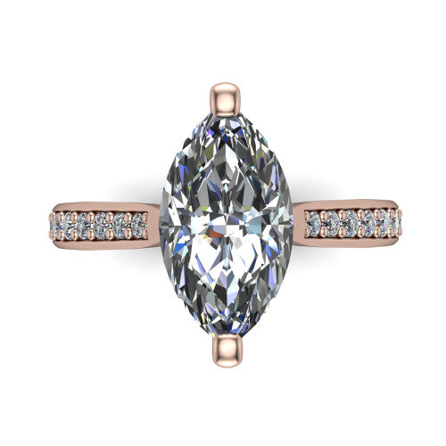 Ruby marquise classic engagement ring in 14K Rose Gold, top-down view showing the prong-set center diamond over a diamond-set band