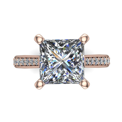 Ruby princess classic engagement ring in 14K Rose Gold, top-down view showing the prong-set center diamond over a diamond-set band