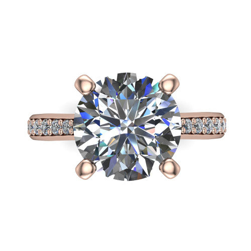 Ruby round classic engagement ring in 14K Rose Gold, top-down view showing the prong-set center diamond over a diamond-set band