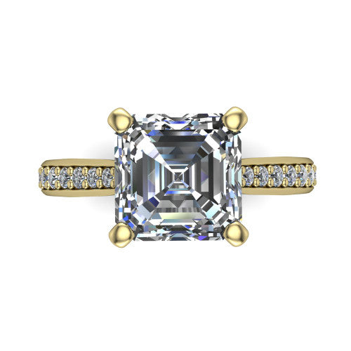 Ruby asscher classic engagement ring in 18K Yellow Gold, top-down view showing the prong-set center diamond over a diamond-set band