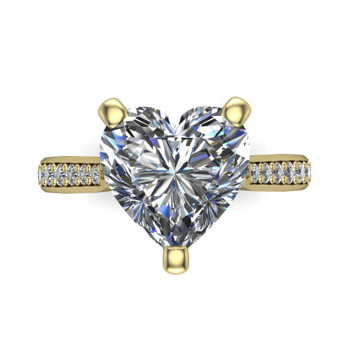 Ruby heart classic engagement ring in 14K Yellow Gold, top-down view showing the prong-set center diamond over a diamond-set band