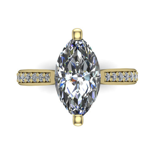 Ruby marquise classic engagement ring in 14K Yellow Gold, top-down view showing the prong-set center diamond over a diamond-set band