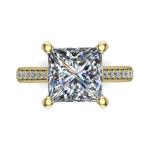 Ruby princess classic engagement ring in 14K Yellow Gold, top-down view showing the prong-set center diamond over a diamond-set band