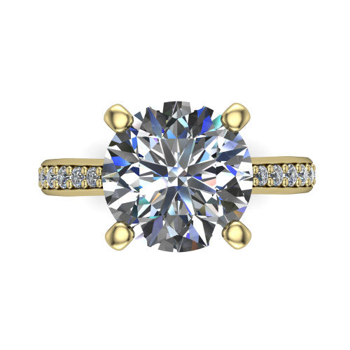 Ruby round classic engagement ring in 14K Yellow Gold, top-down view showing the prong-set center diamond over a diamond-set band