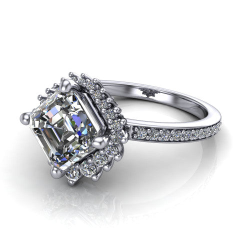 Persephone asscher halo engagement ring in 18K White Gold, three-quarter perspective showing the center framed by a vintage starburst cluster halo above a pav&eacute; shank