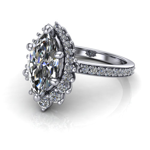 Persephone marquise halo engagement ring in 14K White Gold, three-quarter perspective showing the center framed by a vintage starburst cluster halo above a pav&eacute; shank