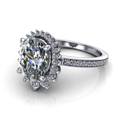 Persephone oval halo engagement ring in 14K White Gold, three-quarter perspective showing the center framed by a vintage starburst cluster halo above a pav&eacute; shank