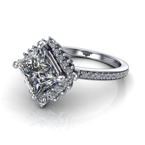 Persephone princess halo engagement ring in 14K White Gold, three-quarter perspective showing the center framed by a vintage starburst cluster halo above a pav&eacute; shank