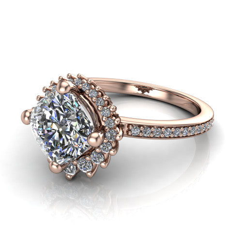 Persephone cushion halo engagement ring in 14K Rose Gold, three-quarter perspective showing the center framed by a vintage starburst cluster halo above a pav&eacute; shank