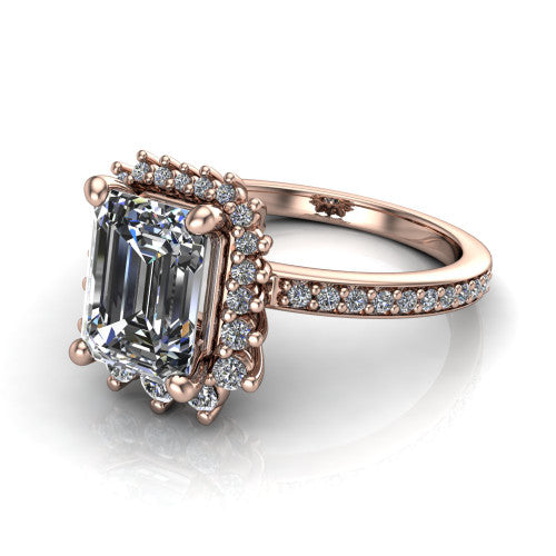 Persephone emerald halo engagement ring in 18K Rose Gold, three-quarter perspective showing the center framed by a vintage starburst cluster halo above a pav&eacute; shank