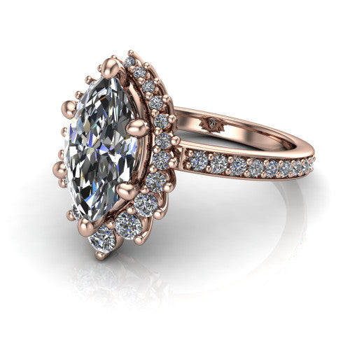 Persephone marquise halo engagement ring in 14K Rose Gold, three-quarter perspective showing the center framed by a vintage starburst cluster halo above a pav&eacute; shank