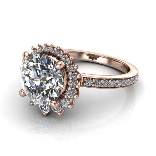 Persephone round halo engagement ring in 14K Rose Gold, three-quarter perspective showing the center framed by a vintage starburst cluster halo above a pav&eacute; shank