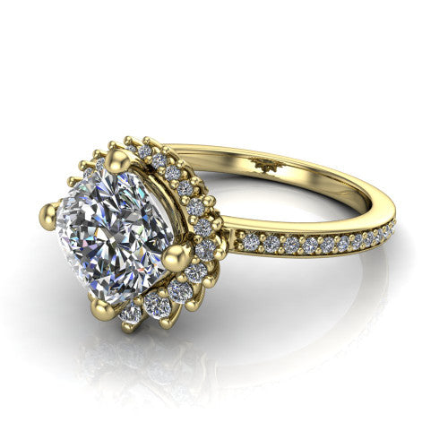 Persephone cushion halo engagement ring in 14K Yellow Gold, three-quarter perspective showing the center framed by a vintage starburst cluster halo above a pav&eacute; shank