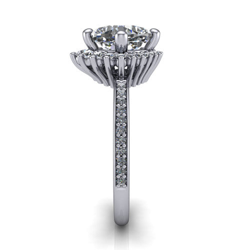 Persephone cushion halo engagement ring in 18K White Gold, side profile showing the pear and round accent cluster and the pav&eacute; diamonds down the shank
