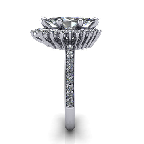 Persephone marquise halo engagement ring in 14K White Gold, side profile showing the pear and round accent cluster and the pav&eacute; diamonds down the shank