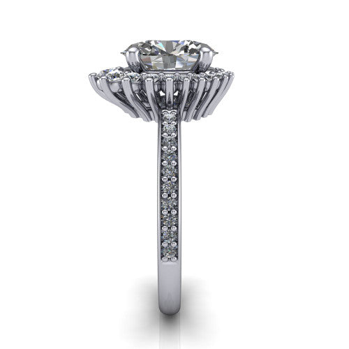 Persephone oval halo engagement ring in 18K White Gold, side profile showing the pear and round accent cluster and the pav&eacute; diamonds down the shank