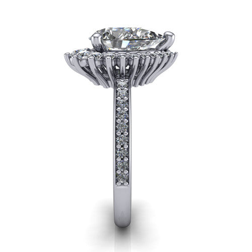 Persephone pear halo engagement ring in 14K White Gold, side profile showing the pear and round accent cluster and the pav&eacute; diamonds down the shank