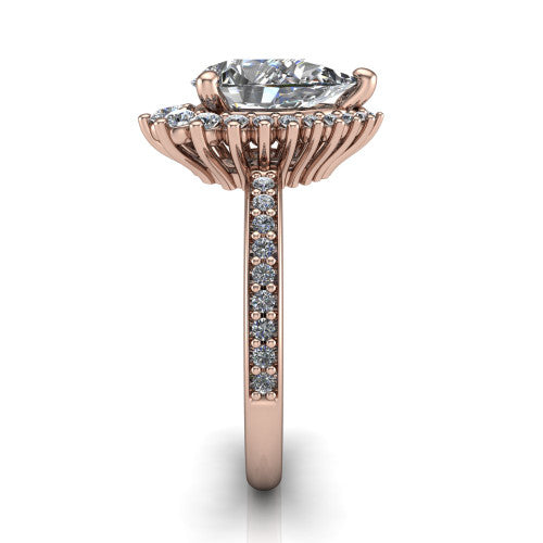 Persephone pear halo engagement ring in 18K Rose Gold, side profile showing the pear and round accent cluster and the pav&eacute; diamonds down the shank