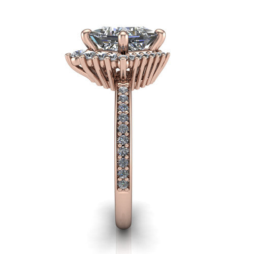 Persephone princess halo engagement ring in 18K Rose Gold, side profile showing the pear and round accent cluster and the pav&eacute; diamonds down the shank