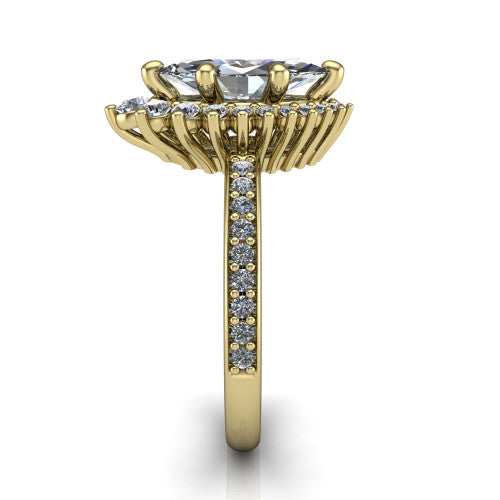 Persephone marquise halo engagement ring in 14K Yellow Gold, side profile showing the pear and round accent cluster and the pav&eacute; diamonds down the shank