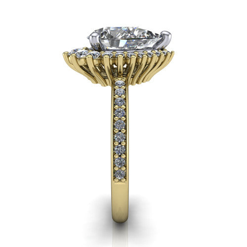 Persephone pear halo engagement ring in 18K Yellow Gold, side profile showing the pear and round accent cluster and the pav&eacute; diamonds down the shank