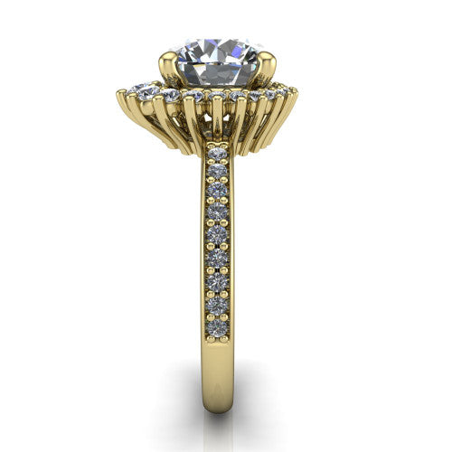 Persephone round halo engagement ring in 14K Yellow Gold, side profile showing the pear and round accent cluster and the pav&eacute; diamonds down the shank