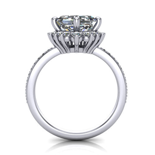 Persephone asscher halo engagement ring in 14K White Gold, through-finger front profile showing the cluster halo head raised above the pav&eacute; band