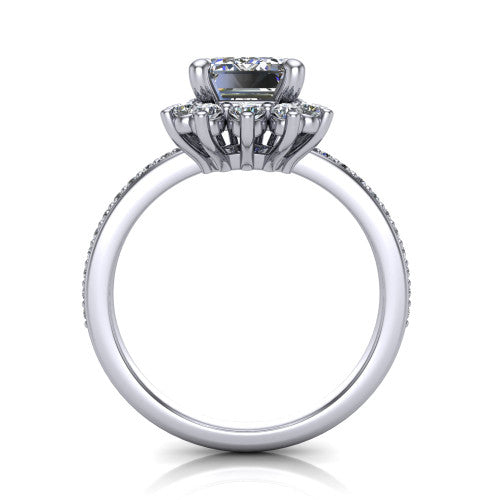 Persephone emerald halo engagement ring in 14K White Gold, through-finger front profile showing the cluster halo head raised above the pav&eacute; band