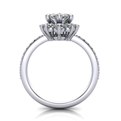 Persephone marquise halo engagement ring in 14K White Gold, through-finger front profile showing the cluster halo head raised above the pav&eacute; band
