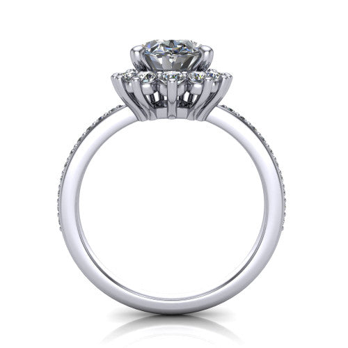 Persephone oval halo engagement ring in 14K White Gold, through-finger front profile showing the cluster halo head raised above the pav&eacute; band