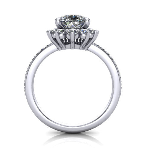 Persephone pear halo engagement ring in 18K White Gold, through-finger front profile showing the cluster halo head raised above the pav&eacute; band