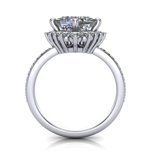 Persephone princess halo engagement ring in 14K White Gold, through-finger front profile showing the cluster halo head raised above the pav&eacute; band