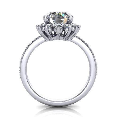 Persephone round halo engagement ring in 18K White Gold, through-finger front profile showing the cluster halo head raised above the pav&eacute; band