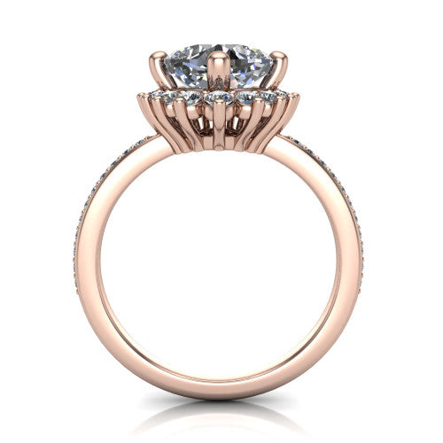 Persephone cushion halo engagement ring in 18K Rose Gold, through-finger front profile showing the cluster halo head raised above the pav&eacute; band
