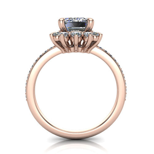 Persephone emerald halo engagement ring in 14K Rose Gold, through-finger front profile showing the cluster halo head raised above the pav&eacute; band