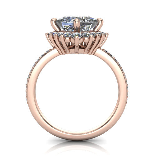 Persephone princess halo engagement ring in 18K Rose Gold, through-finger front profile showing the cluster halo head raised above the pav&eacute; band