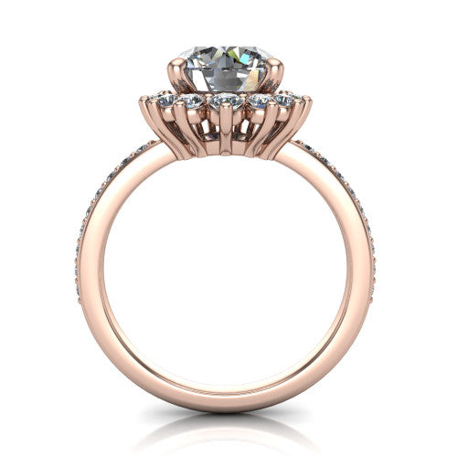 Persephone round halo engagement ring in 18K Rose Gold, through-finger front profile showing the cluster halo head raised above the pav&eacute; band