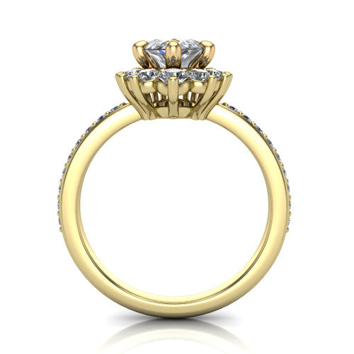 Persephone marquise halo engagement ring in 14K Yellow Gold, through-finger front profile showing the cluster halo head raised above the pav&eacute; band