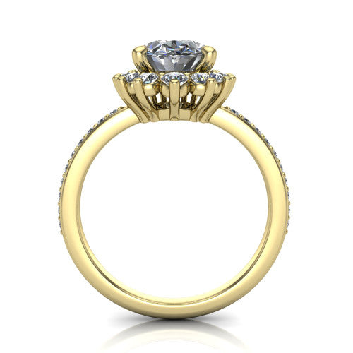 Persephone oval halo engagement ring in 18K Yellow Gold, through-finger front profile showing the cluster halo head raised above the pav&eacute; band