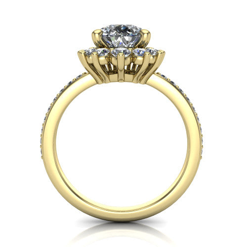 Persephone pear halo engagement ring in 14K Yellow Gold, through-finger front profile showing the cluster halo head raised above the pav&eacute; band