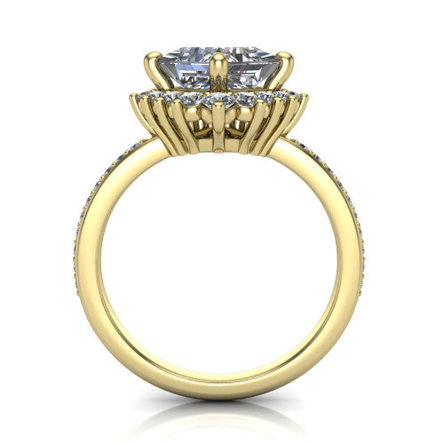 Persephone princess halo engagement ring in 14K Yellow Gold, through-finger front profile showing the cluster halo head raised above the pav&eacute; band