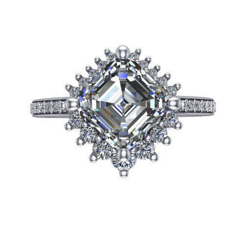 Persephone asscher halo engagement ring in 14K White Gold, top-down view showing the center diamond ringed by a snowflake halo of round and pear accent diamonds
