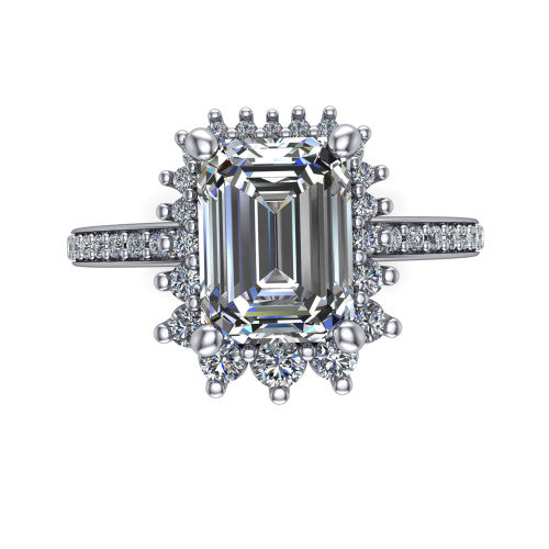 Persephone emerald halo engagement ring in 18K White Gold, top-down view showing the center diamond ringed by a snowflake halo of round and pear accent diamonds