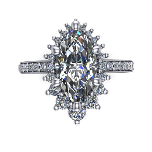Persephone marquise halo engagement ring in 18K White Gold, top-down view showing the center diamond ringed by a snowflake halo of round and pear accent diamonds