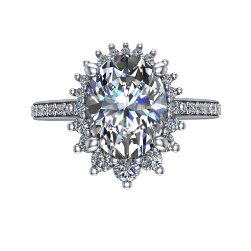 Persephone oval halo engagement ring in 18K White Gold, top-down view showing the center diamond ringed by a snowflake halo of round and pear accent diamonds
