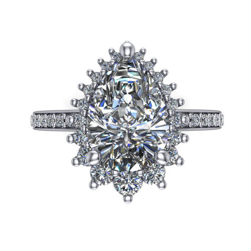 Persephone pear halo engagement ring in 18K White Gold, top-down view showing the center diamond ringed by a snowflake halo of round and pear accent diamonds
