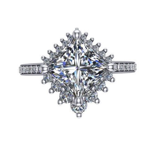 Persephone princess halo engagement ring in 14K White Gold, top-down view showing the center diamond ringed by a snowflake halo of round and pear accent diamonds