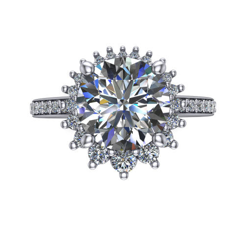 Persephone round halo engagement ring in Platinum, top-down view showing the center diamond ringed by a snowflake halo of round and pear accent diamonds