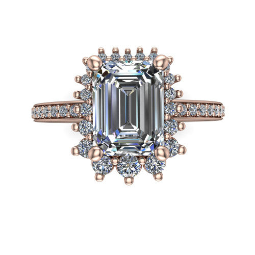 Persephone emerald halo engagement ring in 18K Rose Gold, top-down view showing the center diamond ringed by a snowflake halo of round and pear accent diamonds