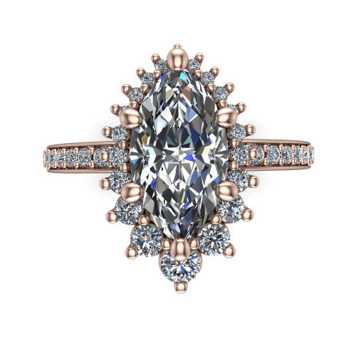 Persephone marquise halo engagement ring in 14K Rose Gold, top-down view showing the center diamond ringed by a snowflake halo of round and pear accent diamonds